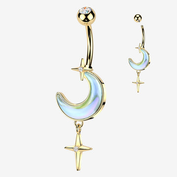 Golden Iridescent Aurora Crescent Moon Sparkle Star Dangle Belly Button Ring-Clear Gem